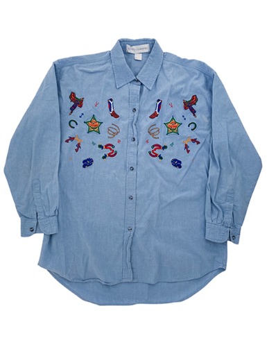 【90’s】 WESTERN EMBROIDERED PATCHES DENIM SHIRT
