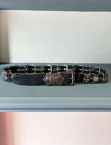 【80’s】 JEWEL METAL PLATE CHAINED LEATHER BELT
